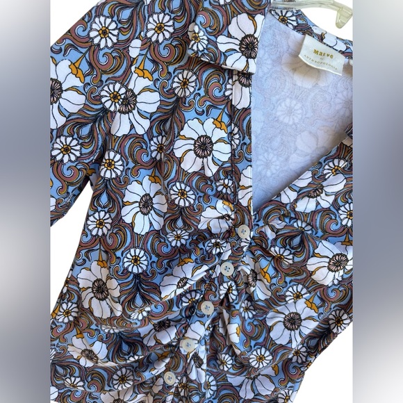 Maeve by Anthropologie Blue Motif Ruched Long Sleeve Shirt Size Medium - Picture 6 of 8